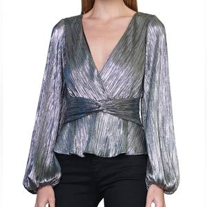 ML Monique Lhuillier Long-Sleeve Metallic Blouse w/ Ruched Waist